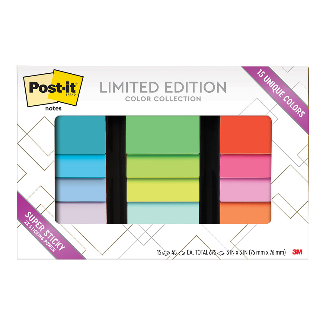 Post-it Super Sticky Notes, Limited Edition Color Collection, 3x3 in, 15  Pads/Pack, 45 Sheets/Pad